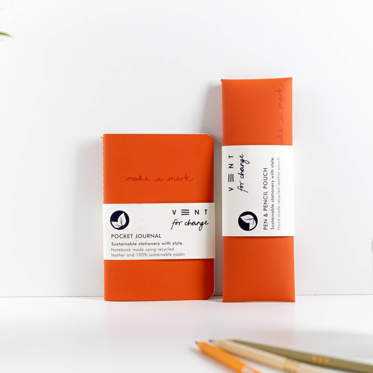 VENT for Change - Recycled Leather Pen & Pencil Case | Handmade - Orange Pouch